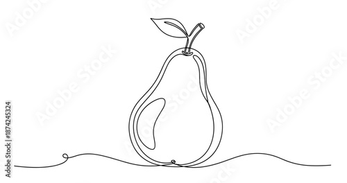 Line drawing of pear with leaf on white background. No editable strokes