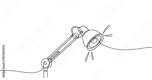 Black and white line art of adjustable desk lamp with light rays. No editable strokes