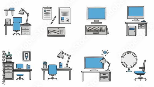 Collection of home office desk setups and computer equipment illustrations.