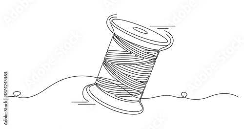 Minimalist line art of a spool of thread with needle and stitch. No editable strokes