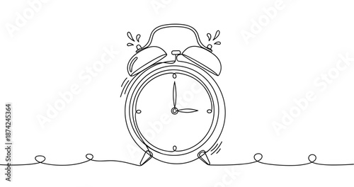 Minimalist line art illustration of a vintage alarm clock ringing. No editable strokes