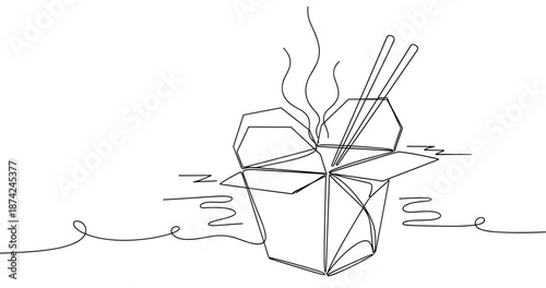 Line art of noodles in takeout box with chopsticks. No editable strokes