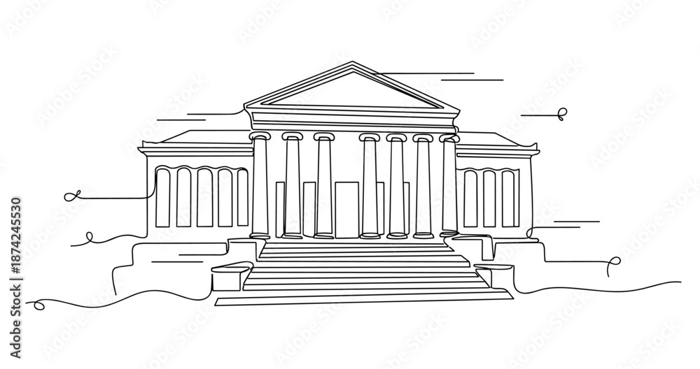 Naklejka premium Classical greek revival building with columns and steps in line art style. No editable strokes