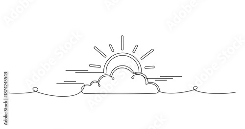 Minimalist line drawing of sunrise behind clouds with sun rays. No editable strokes