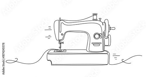 Vintage sewing machine illustration with thread and handwheel outline design. No editable strokes