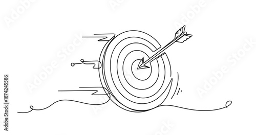 Hand-drawn arrow striking bullseye on target with speed lines indicating motion. No editable strokes