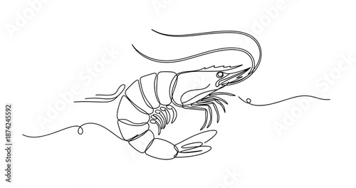 Abstract line art of a single shrimp on white background. No editable strokes