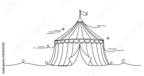 Black and white circus tent illustration with flags and stars. No editable strokes