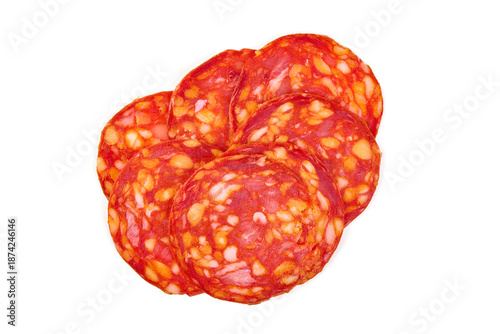Foto Chorizo Slices, isolated on white background