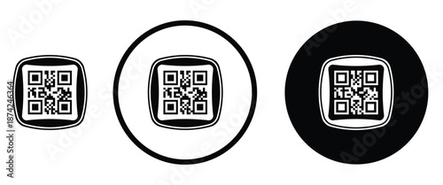 Three minimalist black and white QR code icons arranged horizontally on a transparent background. Left: standard square QR pattern. Center: QR inside thin white circle on black. Right: QR inside thick