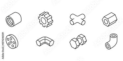 Industrial mechanical metal icons set, vector illustration of construction hardware parts, pipes, fasteners, fittings, isolated outline collection design technical elements.
