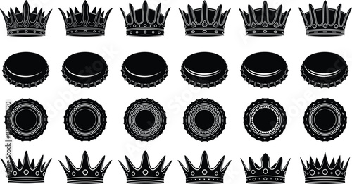 Black Vector Icon Set Featuring Royal King Crowns and Metal Beer Bottle Caps in Top Side and Perspective View Silhouettes
