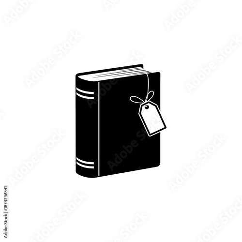 Solid black silhouette of a book with a gift tag, minimal flat icon design