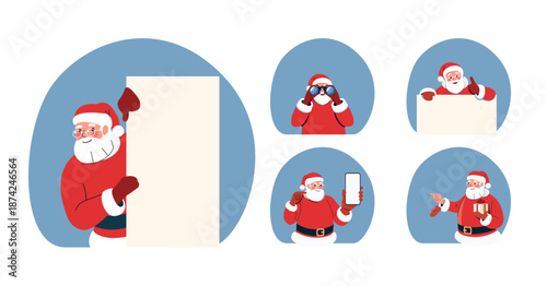 Santa Claus Marketing Character Set with Copy Space and Gestures. Flat Vector Illustration