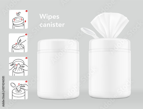 Wet wipes canister open and closed  mockups with user instruction. Vector illustration isolated on grey background. Easy to customise for your product, promo or ad. EPS10.