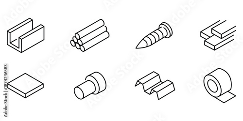 Steel profile icon set, construction beams, nail screw, log stack, sheet plate, industrial material elements illustration.