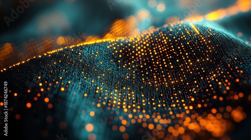 Abstract visualization of a smart fabric prototype with integrated conductive threads glowing with digital light