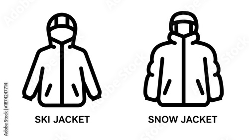 Technical ski and snow jacket icons with hoods for winter sports and outdoor adventure gear