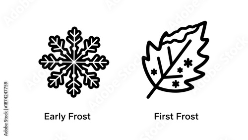 Early and First Frost Icons Featuring a Geometric Snowflake and a Frosted Leaf