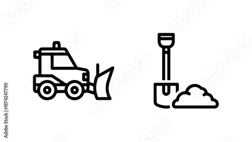 Snow Removal Equipment Icons Featuring a Snowplow and Shovel with Snow Pile