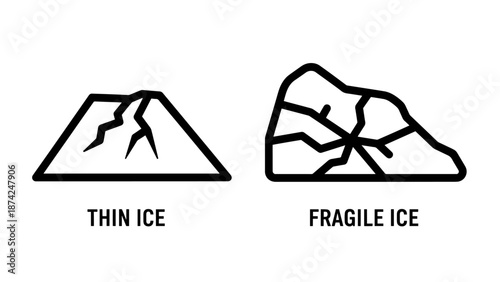 Warning Icons for Thin Ice and Fragile Frozen Surfaces with Cracks for Winter Safety Signage