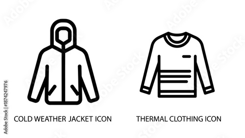 Technical Apparel Icons for a Cold Weather Hooded Jacket and Insulated Thermal Base Layer Clothing