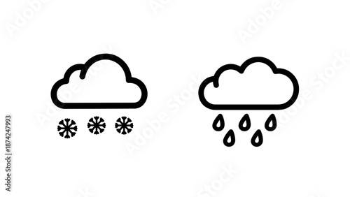 Seasonal Precipitation Icons for Snowing and Raining Clouds Representing Variable Weather Conditions