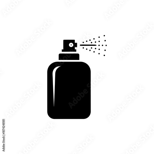 Solid black silhouette of a spray perfume bottle releasing mist, simple clean form, flat icon