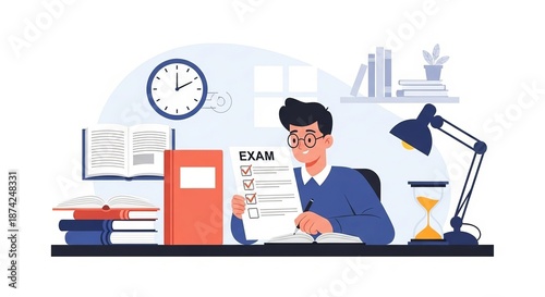Young male student in blue sweater and glasses studying at desk with exam paper, books, clock, and hourglass