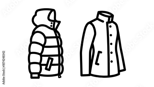 Winter Puffer Jacket and Stylish Overcoat Icons for Seasonal Fashion and Apparel Industry
