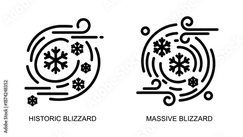 Historic and Massive Blizzard Icons with Wind Swirls and Snowflakes for Weather Forecasts