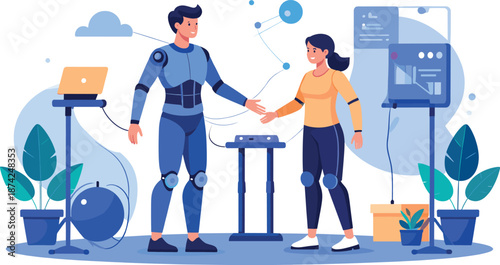 Male and Female Motion Capture Operators Working with Sensors Digital Interface and High Tech Recording Equipment Illustration