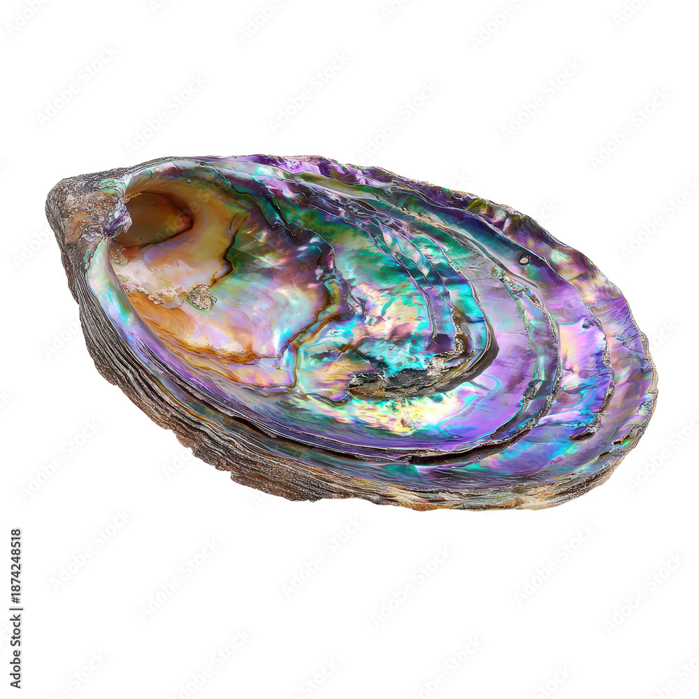 Fototapeta premium Iridescent abalone shell with glossy rainbow mother of pearl surface isolated on transparent background. 