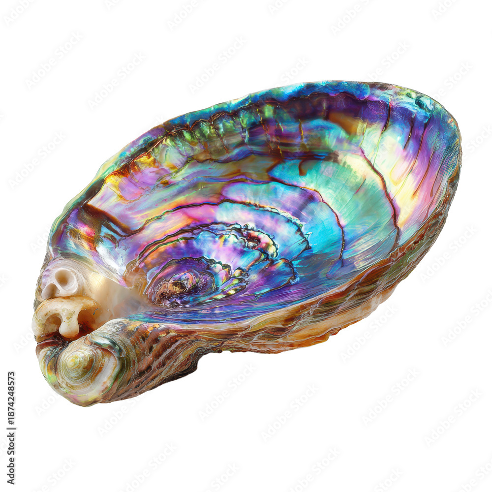Fototapeta premium Iridescent abalone shell with glossy rainbow mother of pearl surface isolated on transparent background. 