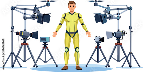Male Motion Capture Actor Standing in Studio with Multiple Cameras Tripods and Filming Equipment Illustration