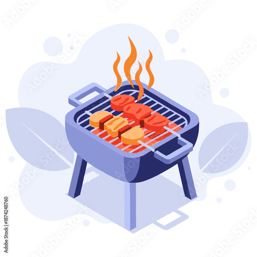 Grilled barbecue with skewers and meats on charcoal grill
