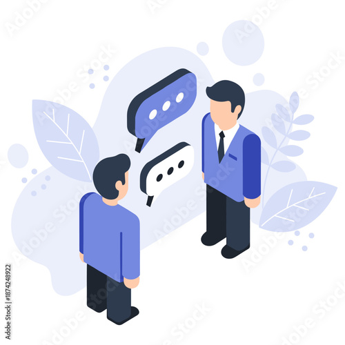 Two caucasian male adults engaged in animated conversation with speech bubbles