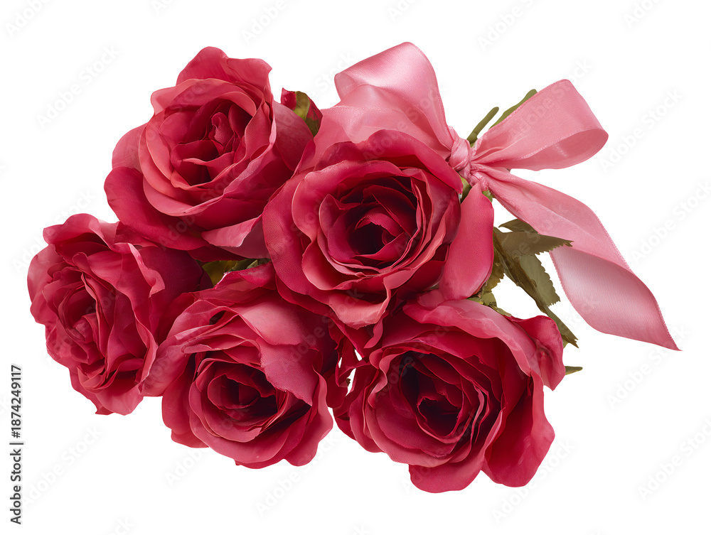 Fototapeta premium Collection set of red roses with pink ribbon isolated on transparent or white background, png