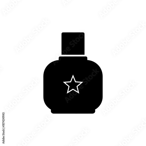Minimal black silhouette icon of a perfume bottle with star symbol, flat design