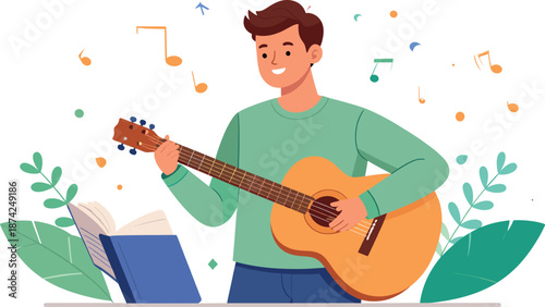 Young Man Playing Acoustic Guitar with Music Notes and Open Songbook Illustration