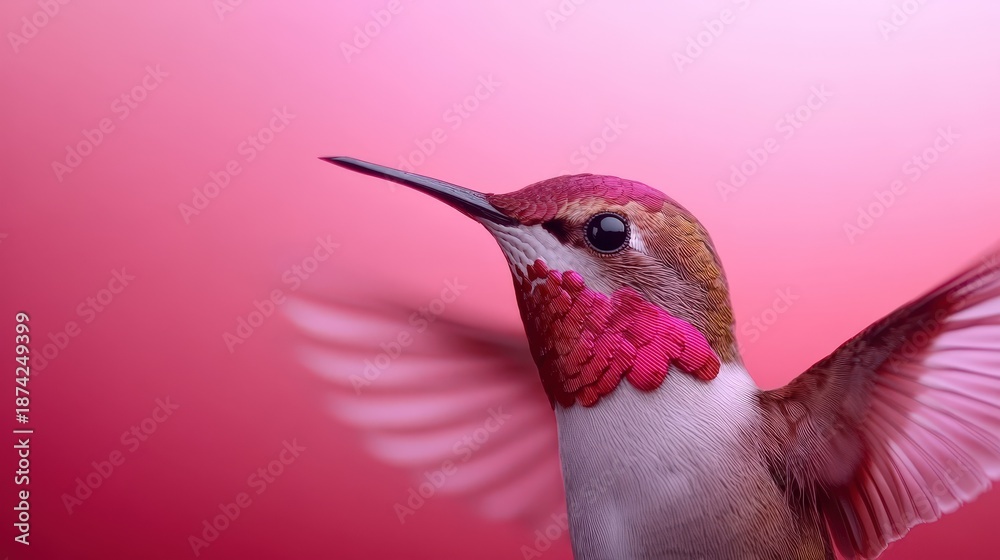 Naklejka premium A close-up of a hummingbird with vibrant pink feathers and blurred wings, set against a soft pink background.
