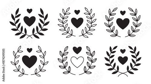 Minimalist laurel wreaths with hearts for wedding decoration and romantic stationery design elements collection set