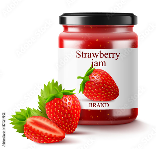 Strawberry jam in a glass jar and fresh berries isolated on white background. Realistic 3d Vector illustration of sweet homemade preserve. Preserved strawberry Compote or Jam, confiture or marmalade .