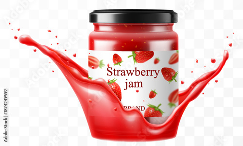Glass Jar with Preserved strawberry Jam in a splash of strawberry juice isolated on transparent background. strawberry jam or Compote in glass jar with black lid. Realistic 3d vector Illustration.
