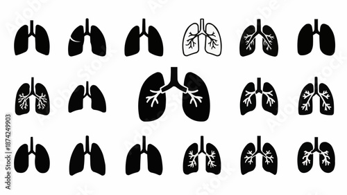 Collection of Human Lung Icons in Silhouette Style.