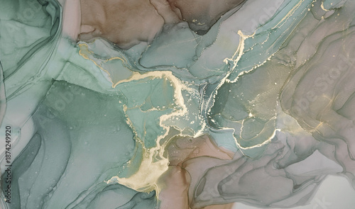 Abstract alcohol ink hand painted texture green beige tone with gold