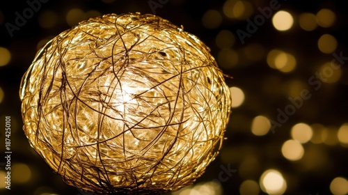 Close up of a gold wire sphere with a glowing light