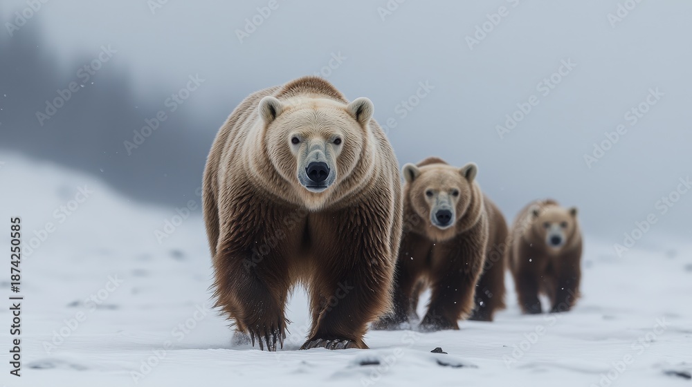 Fototapeta premium Three bears walk through a snowy landscape, with the largest bear leading the way and two smaller bears following closely behind.