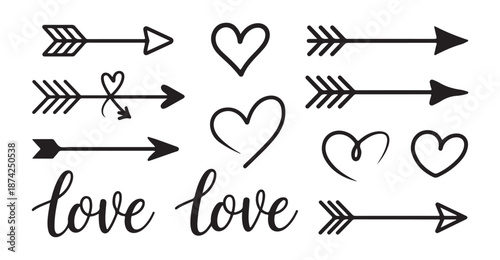 Hand drawn arrows and hearts with words love calligraphy for romantic graphic design elements isolated on white