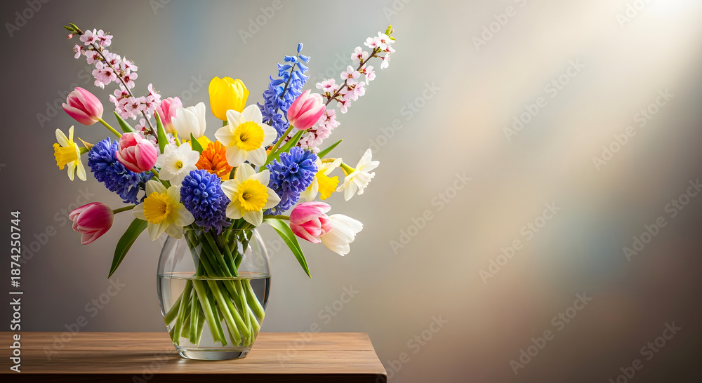Obraz premium Vibrant spring floral arrangement in glass vase on wooden table